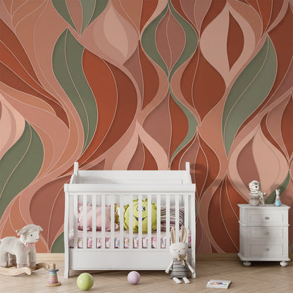 Kids bedroom featuring a Kids-Mundo terracotta wavy ogee wall mural above a headboard