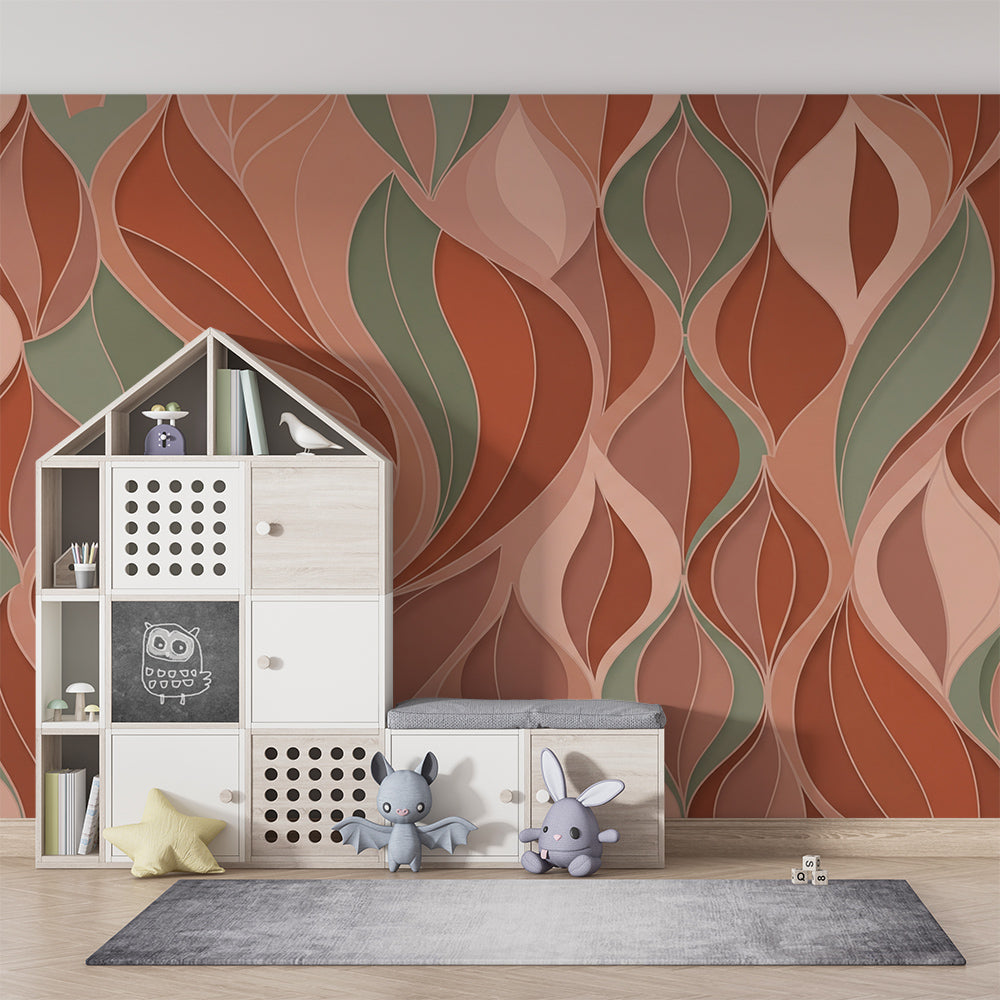 Playroom wall decorated with a Kids-Mundo rust and blush wavy ogee mural