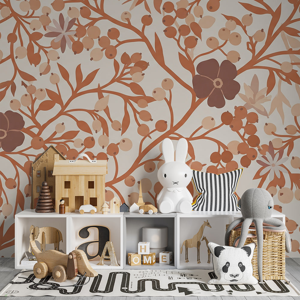 Kids-Mundo terracotta wildflower and berry wall mural on a feature wall in a child's kids bedroom
