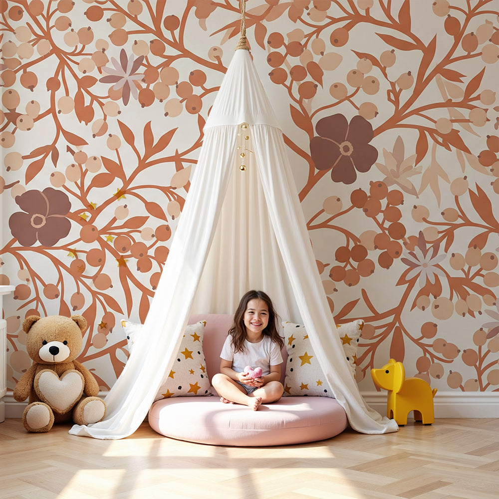 Kids-Mundo terracotta wildflower and berry wall mural styled behind a cot in a warm neutral nursery