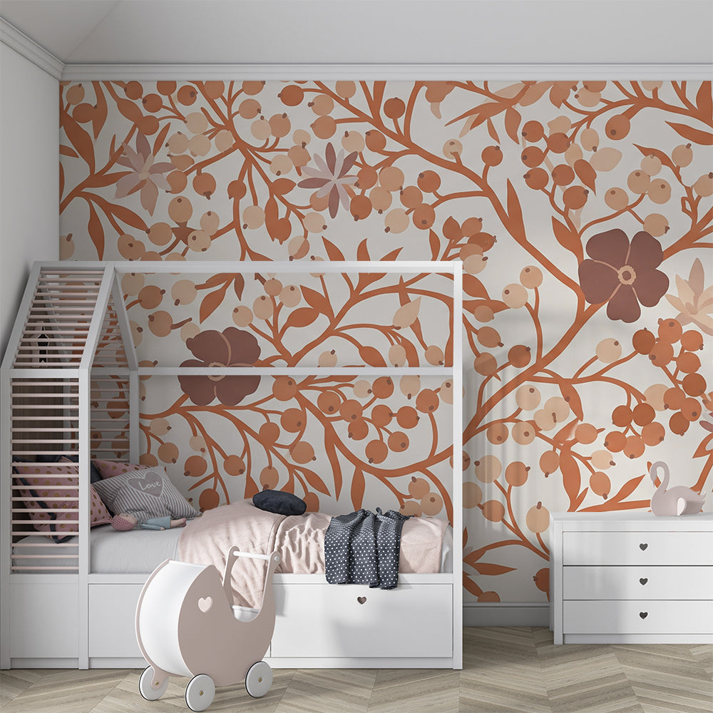 Kids-Mundo terracotta wildflower and berry wall mural covering a wall in a cosy children's playroom