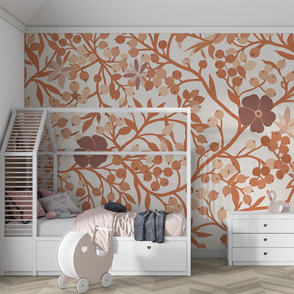 Kids-Mundo terracotta wildflower and berry wall mural covering a wall in a cosy children's playroom