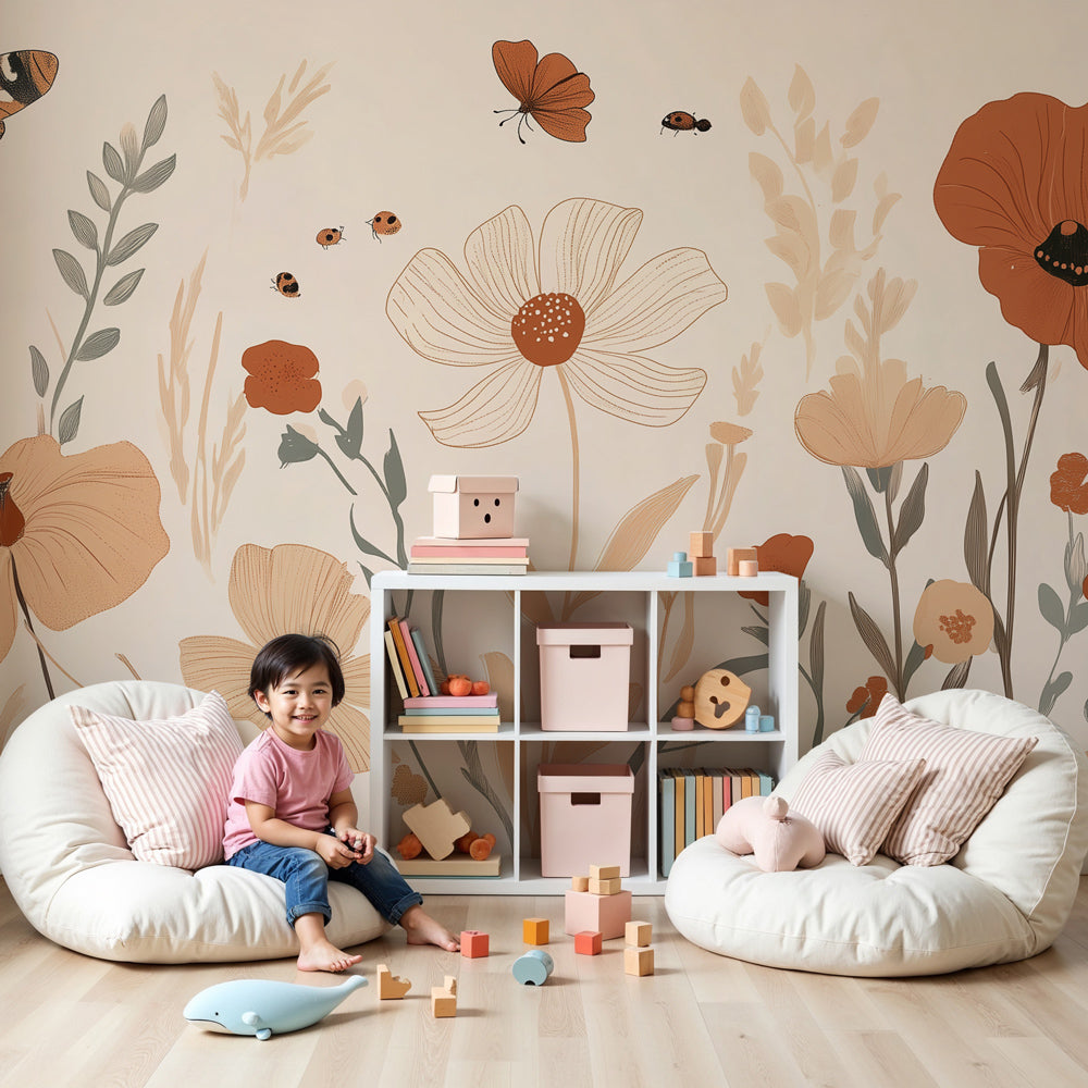 Kids-Mundo terracotta wildflower wall mural styled in a warm, sunlit nursery