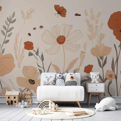 Kids-Mundo wildflower garden wall mural brightening a cosy children's playroom