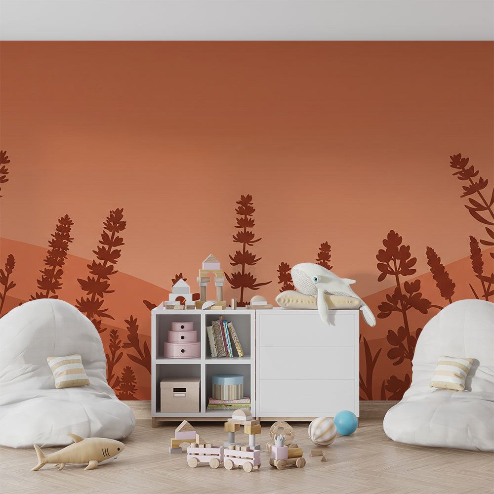 Kids-Mundo terracotta wildflower silhouette mural as a feature wall in a child's bedroom