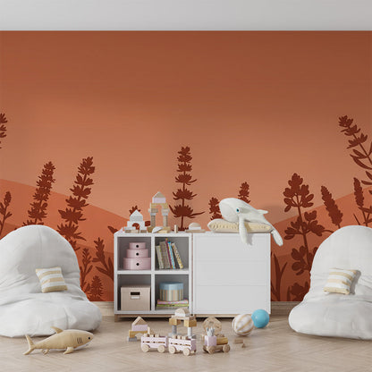 Kids-Mundo terracotta wildflower silhouette mural as a feature wall in a child's bedroom
