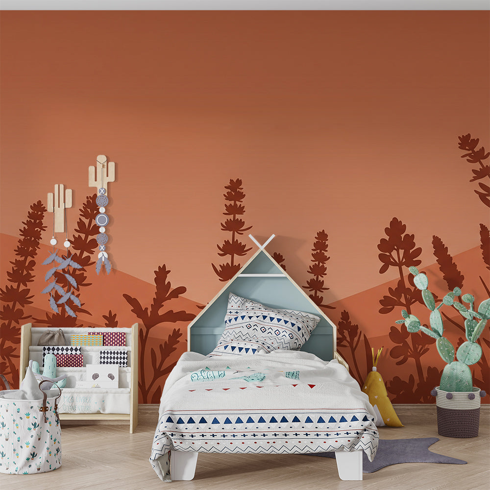 Kids-Mundo wildflower silhouette wall mural brightening a playroom reading corner