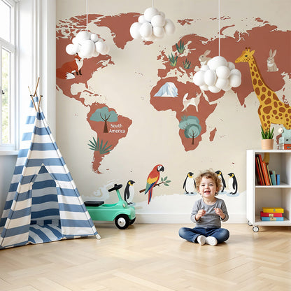 Kids-Mundo terracotta world map wall mural with fox and giraffe artwork behind a nursery cot