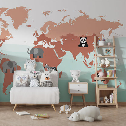 Kids-Mundo terracotta world map wall mural with zebra and pandas covering a wall in a kids' bedroom