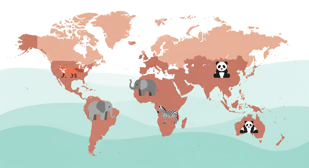 Kids-Mundo flat artwork of a terracotta world map with a fox, two elephants, a zebra and two pandas