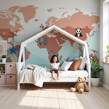 Kids-Mundo terracotta world map wall mural with fox and elephant styled in a warm nursery
