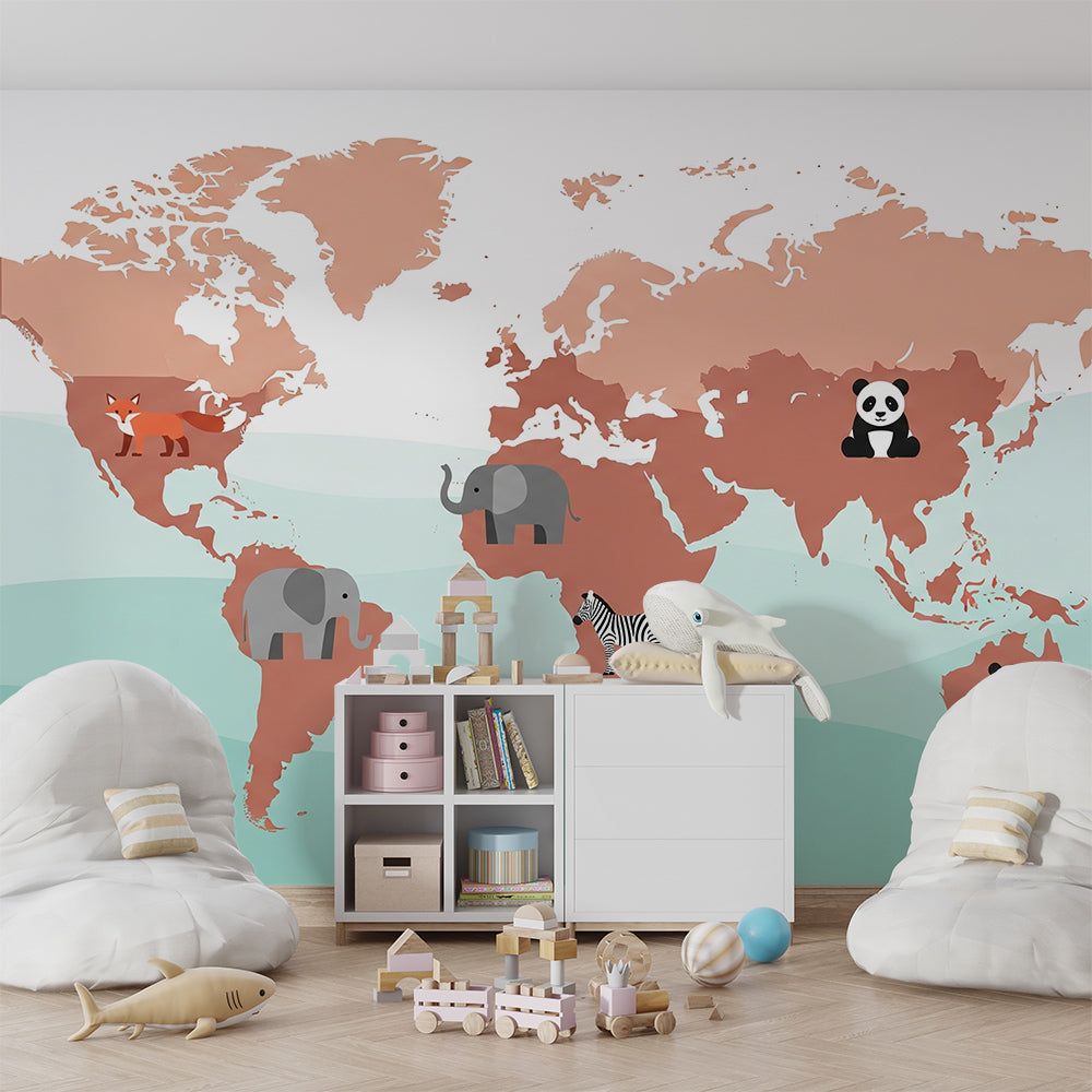 Kids-Mundo terracotta world map wall mural bringing a fox and elephants into a children's playroom