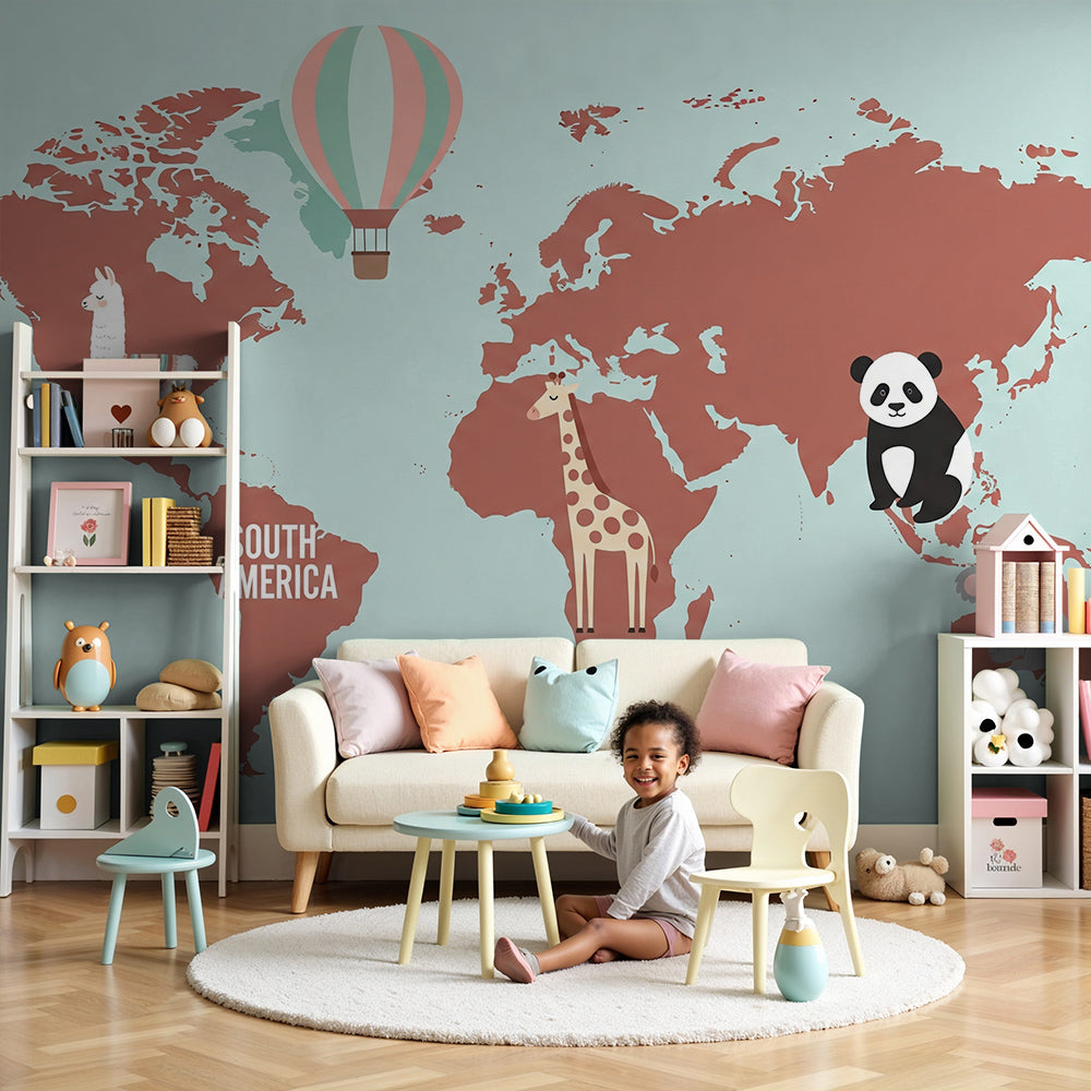 Kids-Mundo terracotta world map wall mural with llama and balloon in a nursery