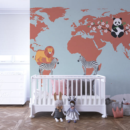 Kids-Mundo world map mural featuring a panda and zebra in a cosy kids' bedroom