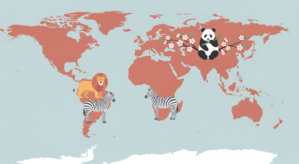 Terracotta World Map with Lion, Zebra and Panda Wall Mural