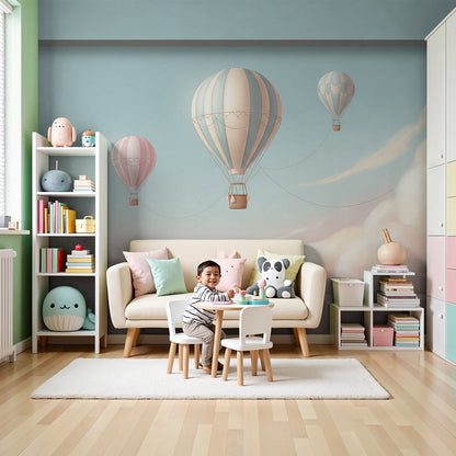 Kids-Mundo three hot air balloons window wall mural styled behind a cot in a soft blue nursery