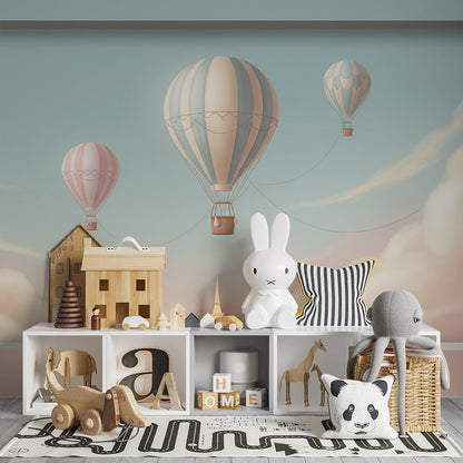 Kids-Mundo three hot air balloons window wall mural brightening a soft children's playroom