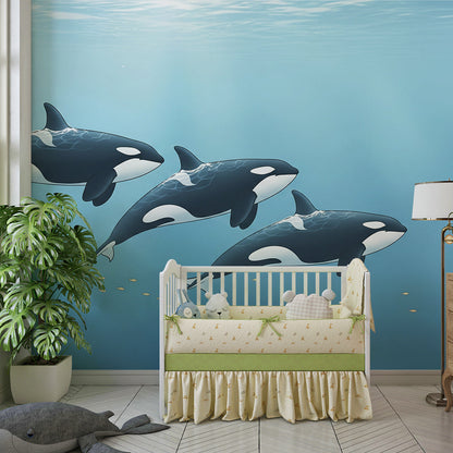 Kids-Mundo three orcas wall mural printed made to measure for a children's bedroom wall.