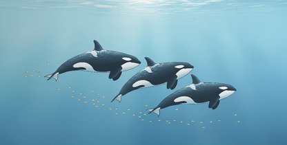 Kids-Mundo flat artwork of the three orcas swimming in sunlit blue ocean wall mural design.