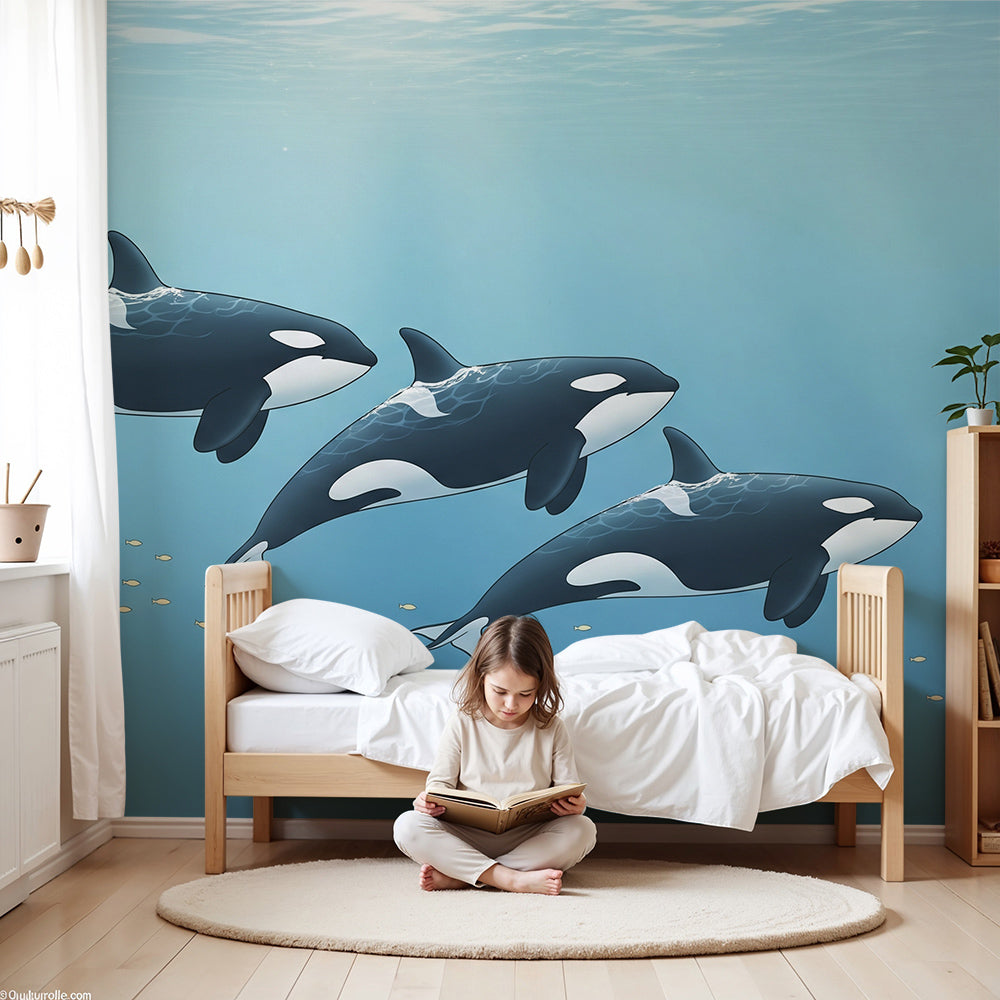 Kids-Mundo orca wall mural of three orcas swimming in a sunlit blue ocean, shown in a nursery.
