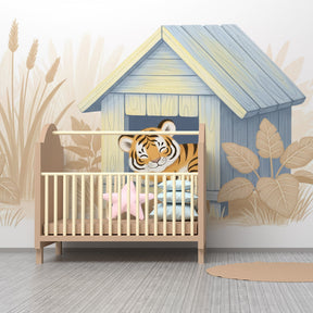 Watercolor tiger wallpaper in modern children's bedroom with natural wood furniture and soft lighting