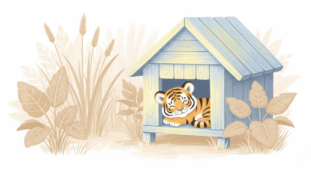 Detailed tiger in cozy house mural wallpaper design pattern with jungle foliage by Kids-Mundo