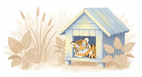 Detailed tiger in cozy house mural wallpaper design pattern with jungle foliage by Kids-Mundo