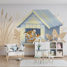 Jungle tiger mural wallpaper transforming kids playroom with cozy house adventure theme by Kids-Mundo