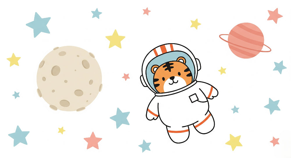 Detailed tiger astronaut space mural wallpaper design pattern with stars and planets by Kids-Mundo