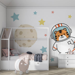 Children's tiger astronaut mural wallpaper inspiring space exploration in colorful playroom setting