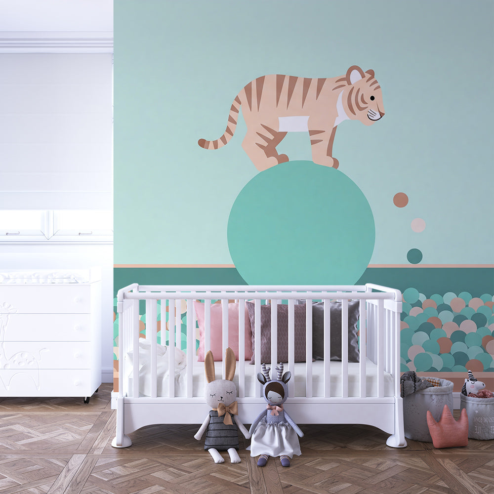 Kids-Mundo balancing tiger ball mural on a playful mint kids bedroom wall