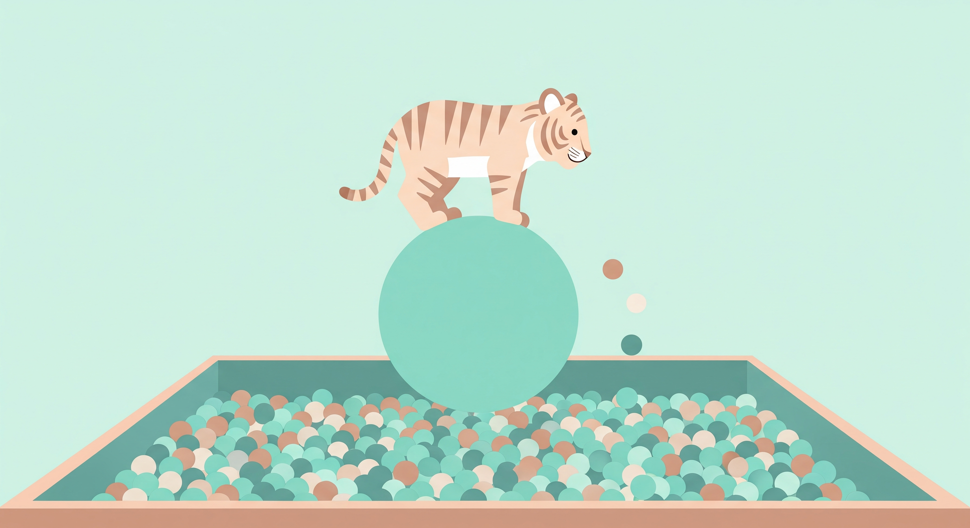 Kids-Mundo flat artwork of a tiger cub balancing on a ball above a ball pit
