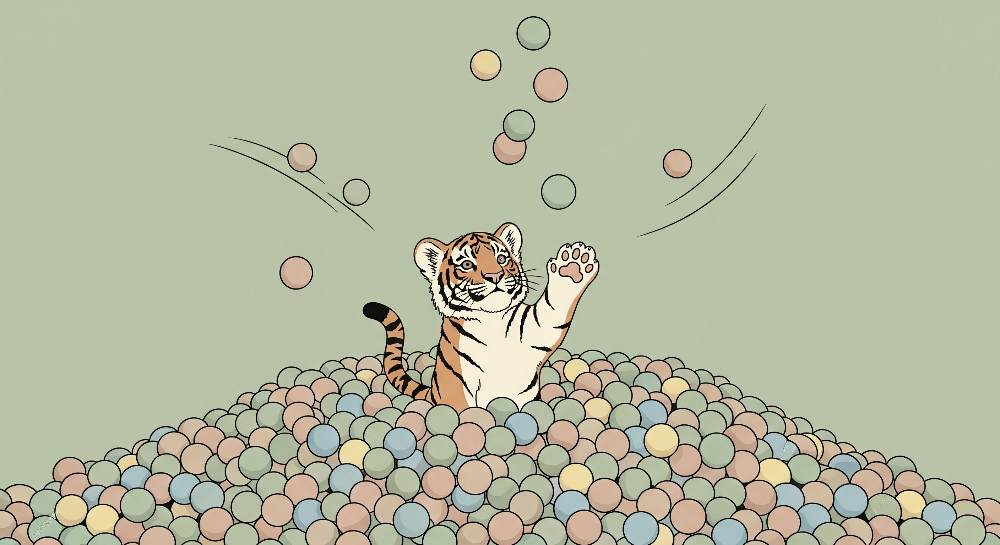 Kids-Mundo flat artwork of a tiger cub playing among colourful bouncing balls