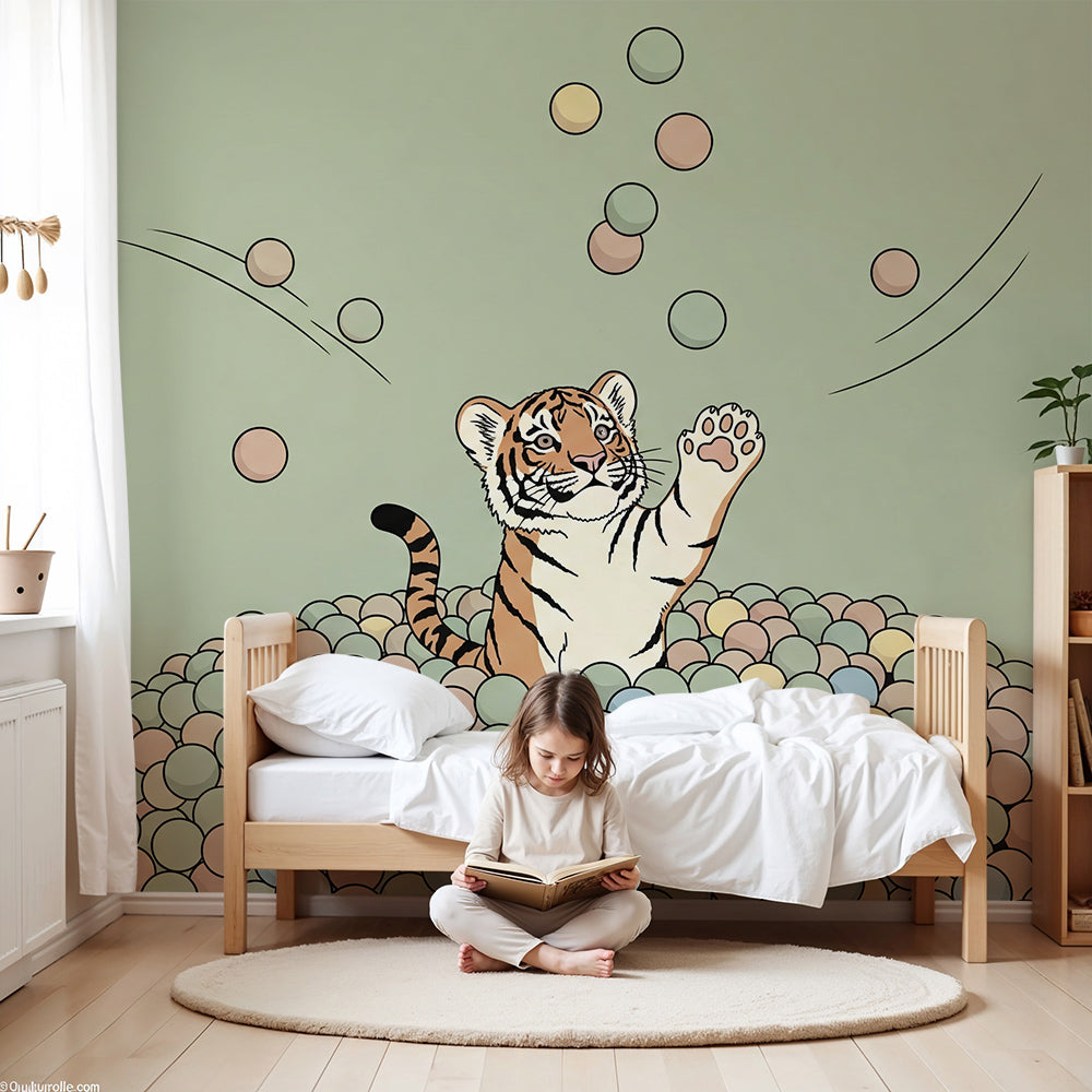 Kids-Mundo playful tiger ball pit wall mural in a cheerful baby nursery room