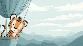 Detailed tiger hot air balloon mural wallpaper design pattern with clouds and mountains by Kids-Mundo