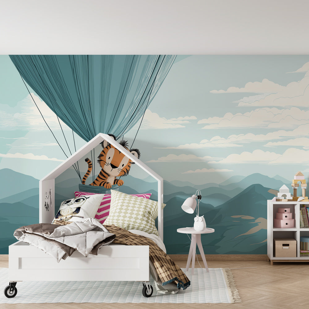 Adventure sky tiger balloon wallpaper creating magical atmosphere in children's bedroom