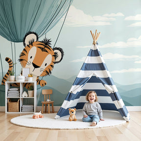 Tiger hot air balloon mural wallpaper in modern nursery room setting by Kids-Mundo