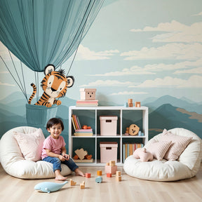 Tiger hot air balloon mural wallpaper in modern nursery room setting by Kids-Mundo
