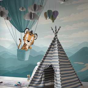 Whimsical tiger balloon mural wallpaper transforming kids playroom with mountain landscape