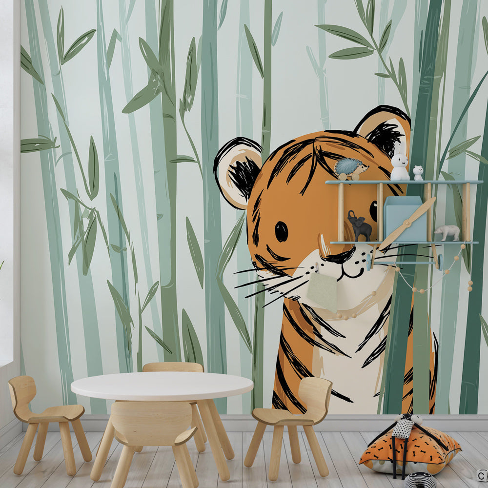 Safari animal mural wallpaper with bamboo design for baby room decor by Kids-Mundo