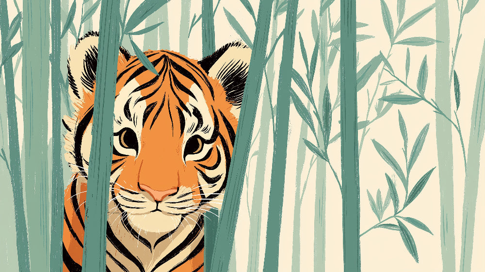 Detailed tiger hidden in bamboo forest mural wallpaper design pattern by Kids-Mundo