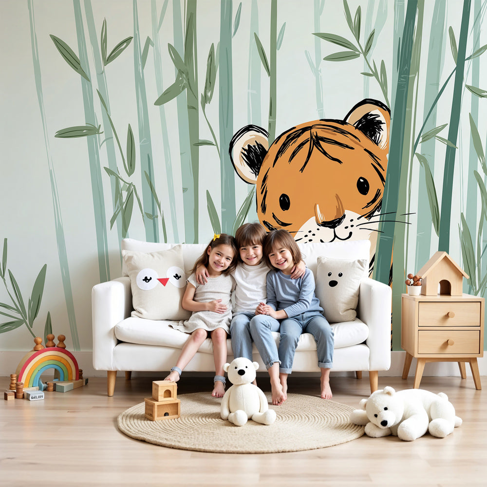 Tiger bamboo mural wallpaper in serene nursery with wooden crib by Kids-Mundo