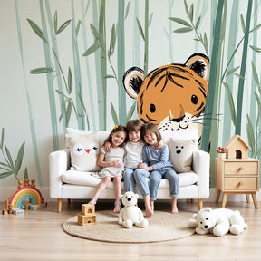 Tiger bamboo mural wallpaper in serene nursery with wooden crib by Kids-Mundo