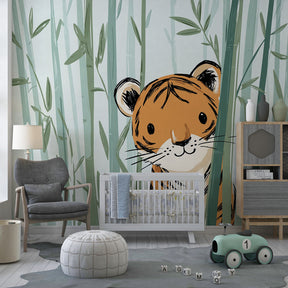 Playful tiger safari wallpaper creating peaceful atmosphere in kids bedroom
