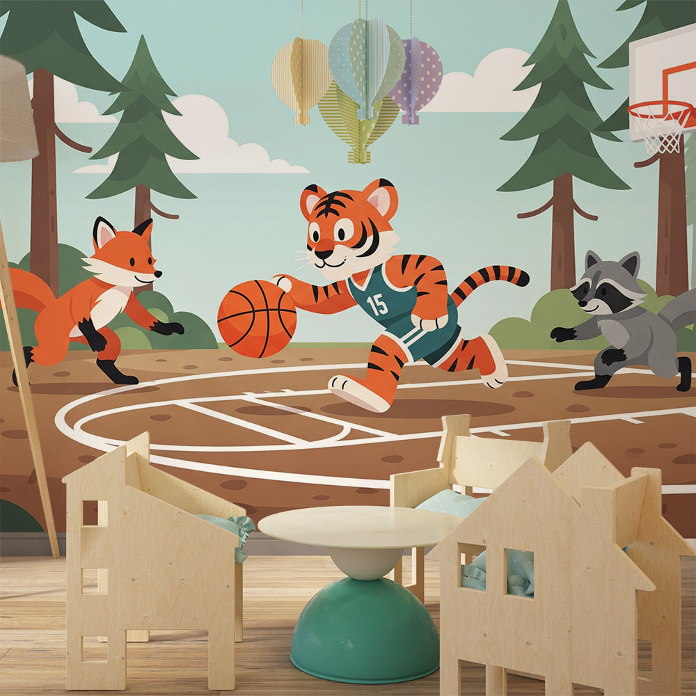 Kids-Mundo tiger basketball team mural bringing sporty energy to a child's bedroom