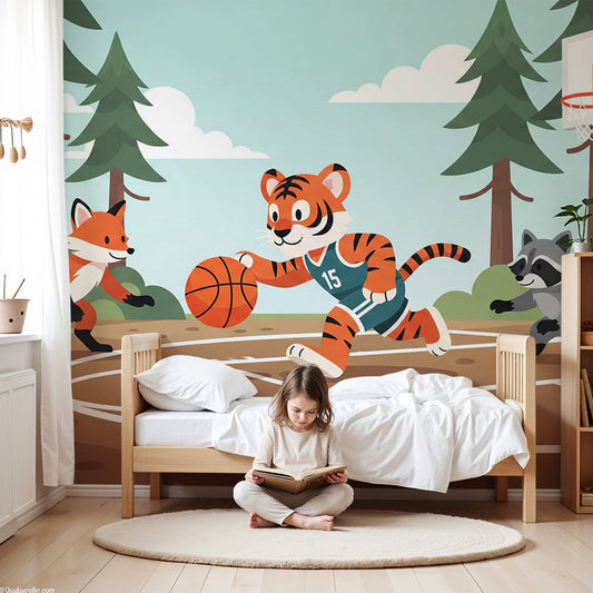 Kids-Mundo tiger basketball wall mural styled in an active, playful nursery room