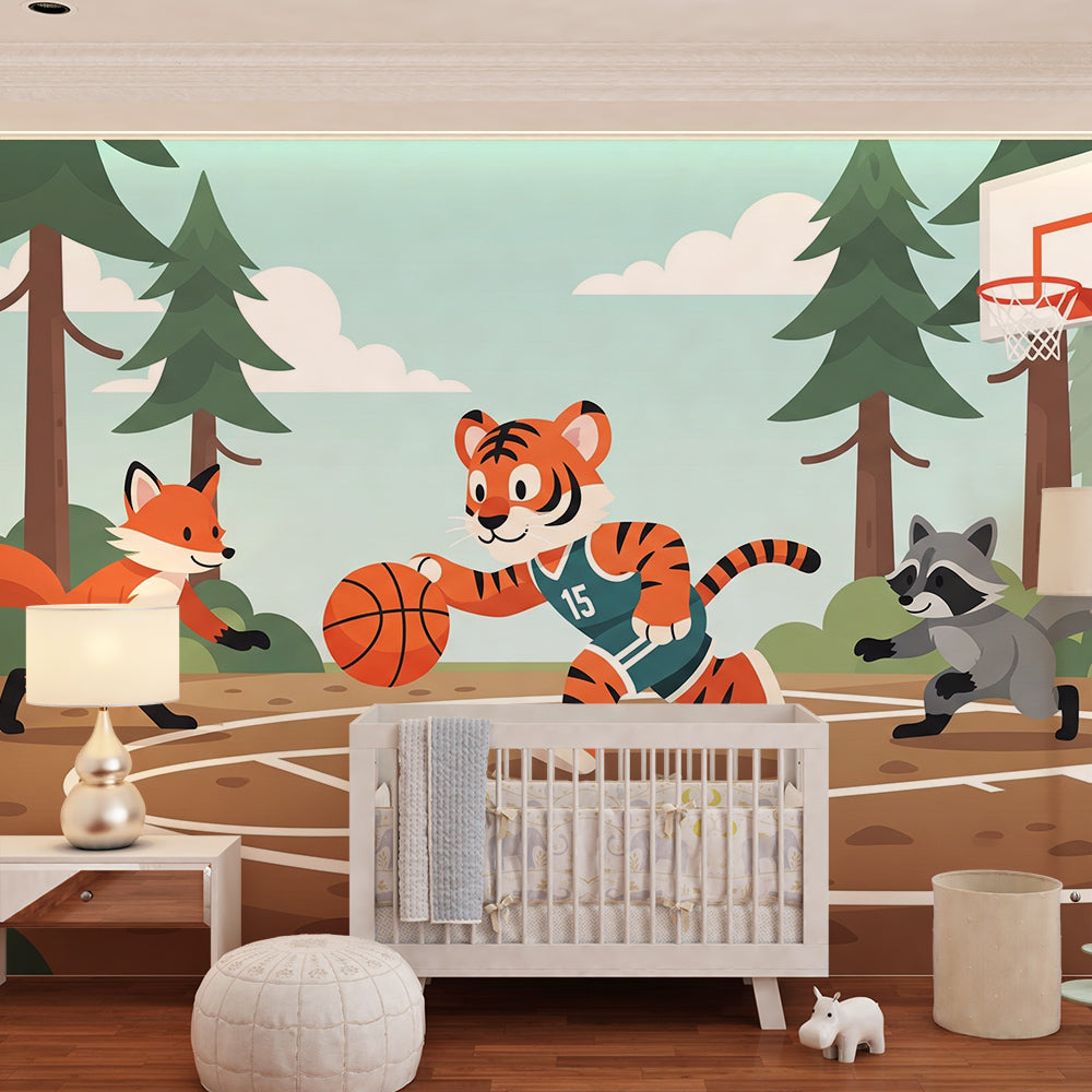 Kids-Mundo tiger basketball mural with fox and raccoon livening up a playroom wall