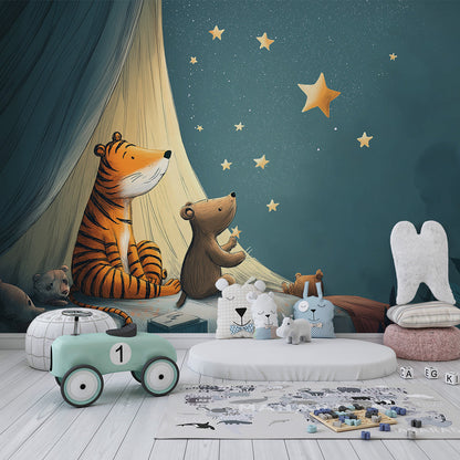 Kids-Mundo starry tiger and bear mural creating a comforting kids bedroom wall.