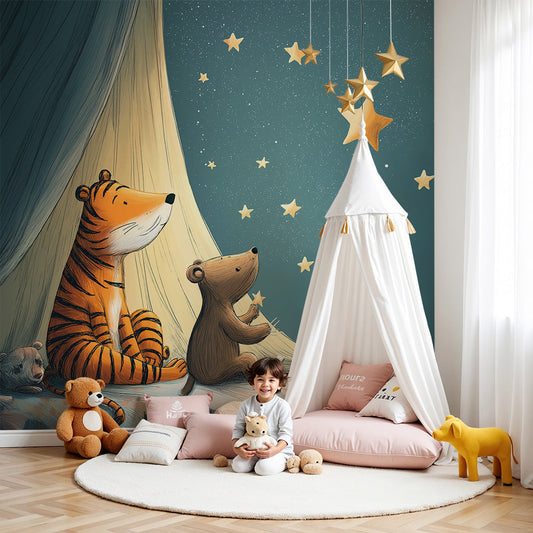 Kids-Mundo tiger and bear stargazing wall mural adding cosy charm to a nursery.