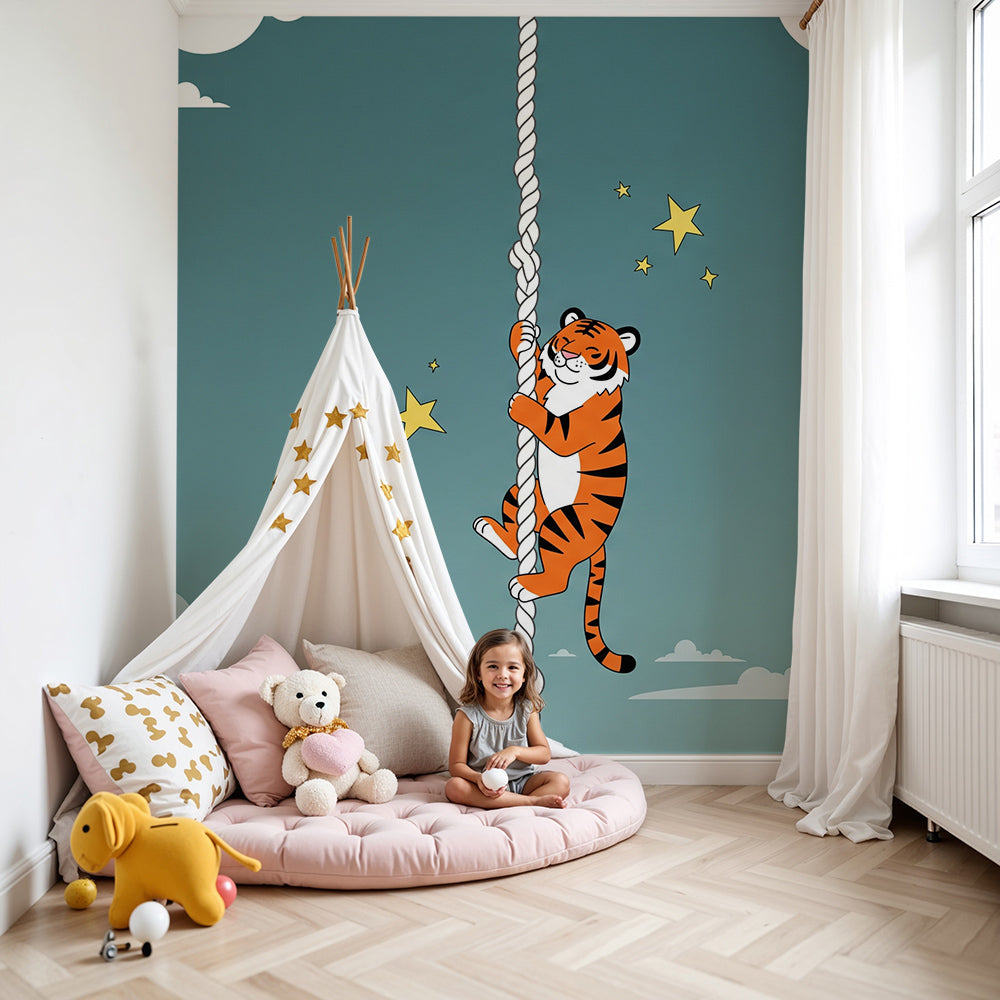 Kids-Mundo tiger and stars wall mural covering a feature wall in a kids bedroom